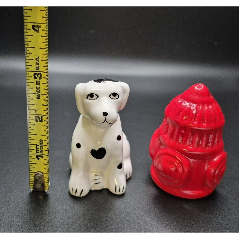 Vintage Salt & Pepper Shakers Figural Dalmation Dog + Fire Hydrant FireFighter